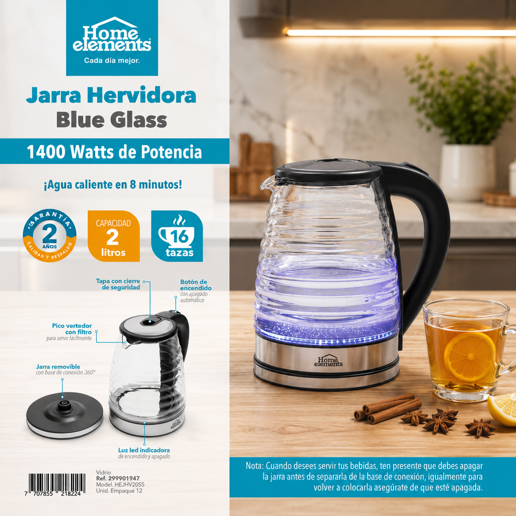 Jarra Hervidora eléctrica blue glass HOME ELEMENTS