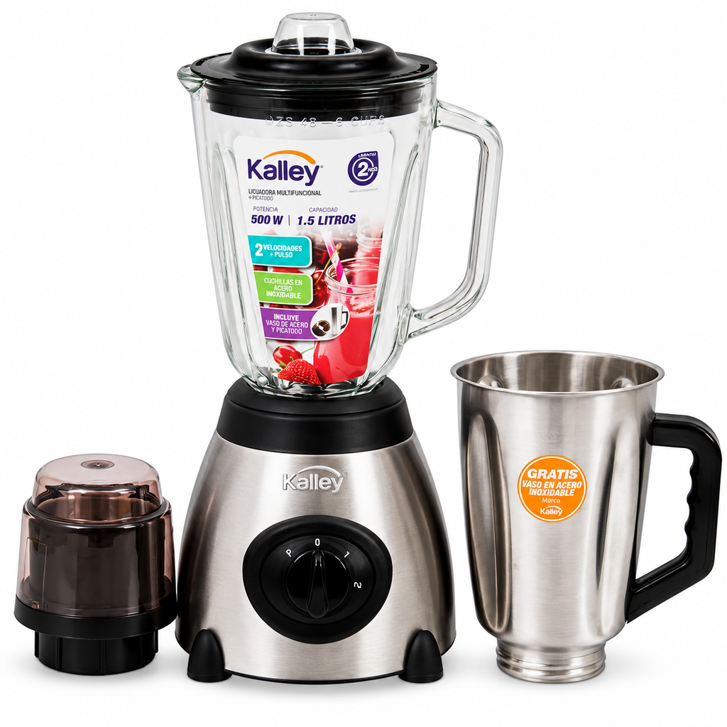 Licuadora multifuncional Kalley 1.5 litros vaso de vidrio y acero