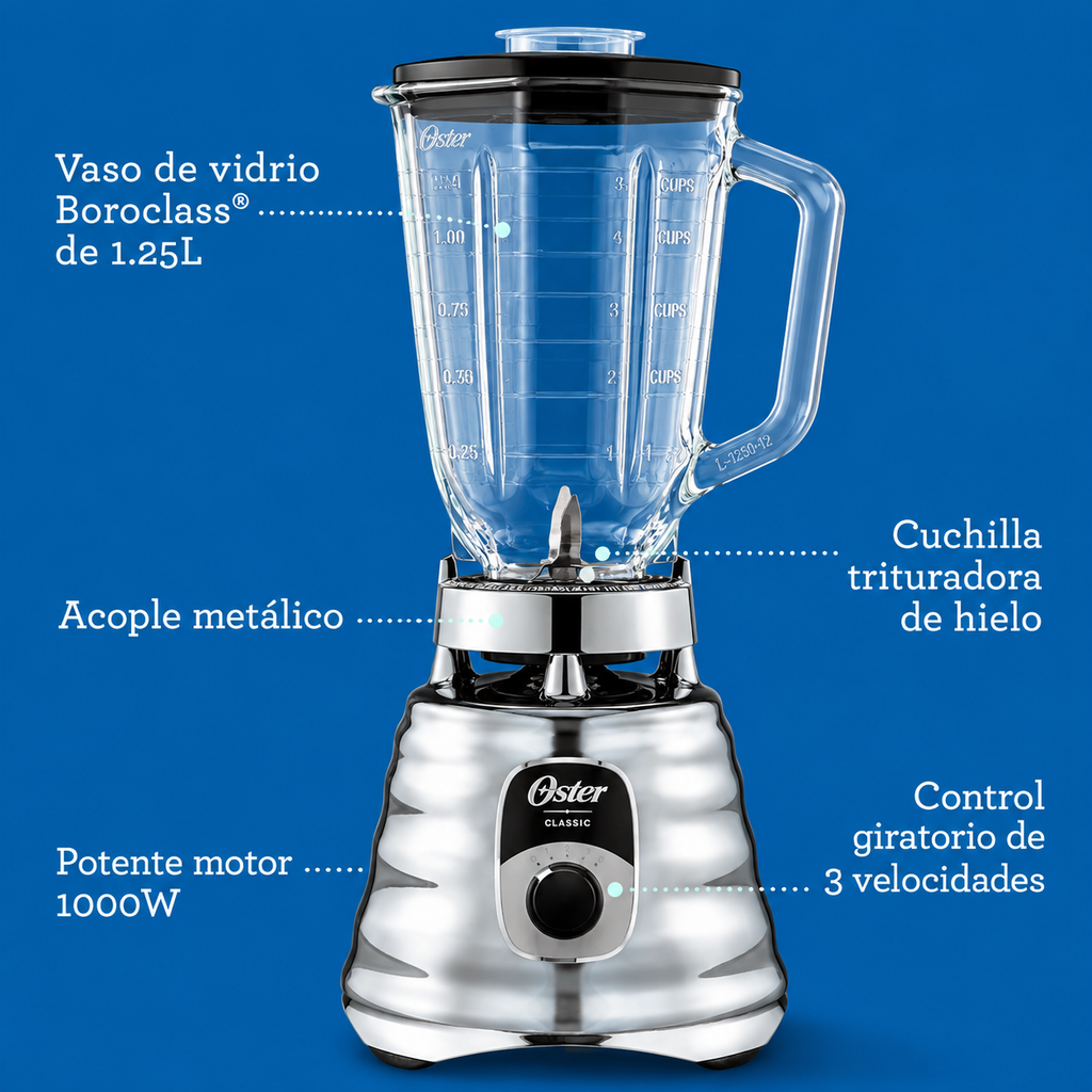 Licuadora clásica 1000 W metalica 3 vel OSTER