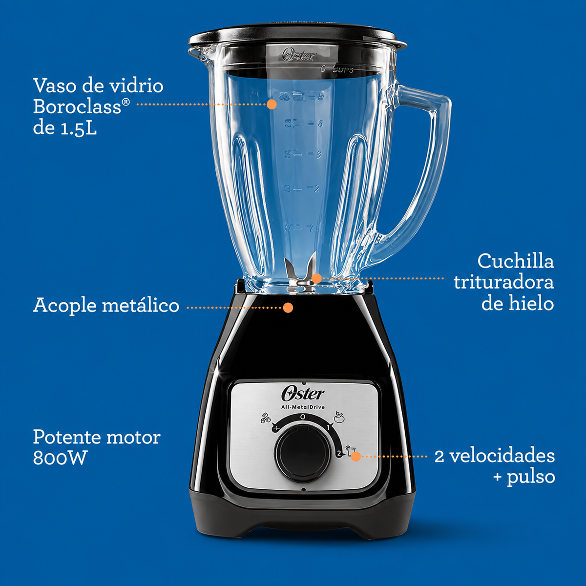 Licuadora perilla dos velocidades pulso 800W negra OSTER