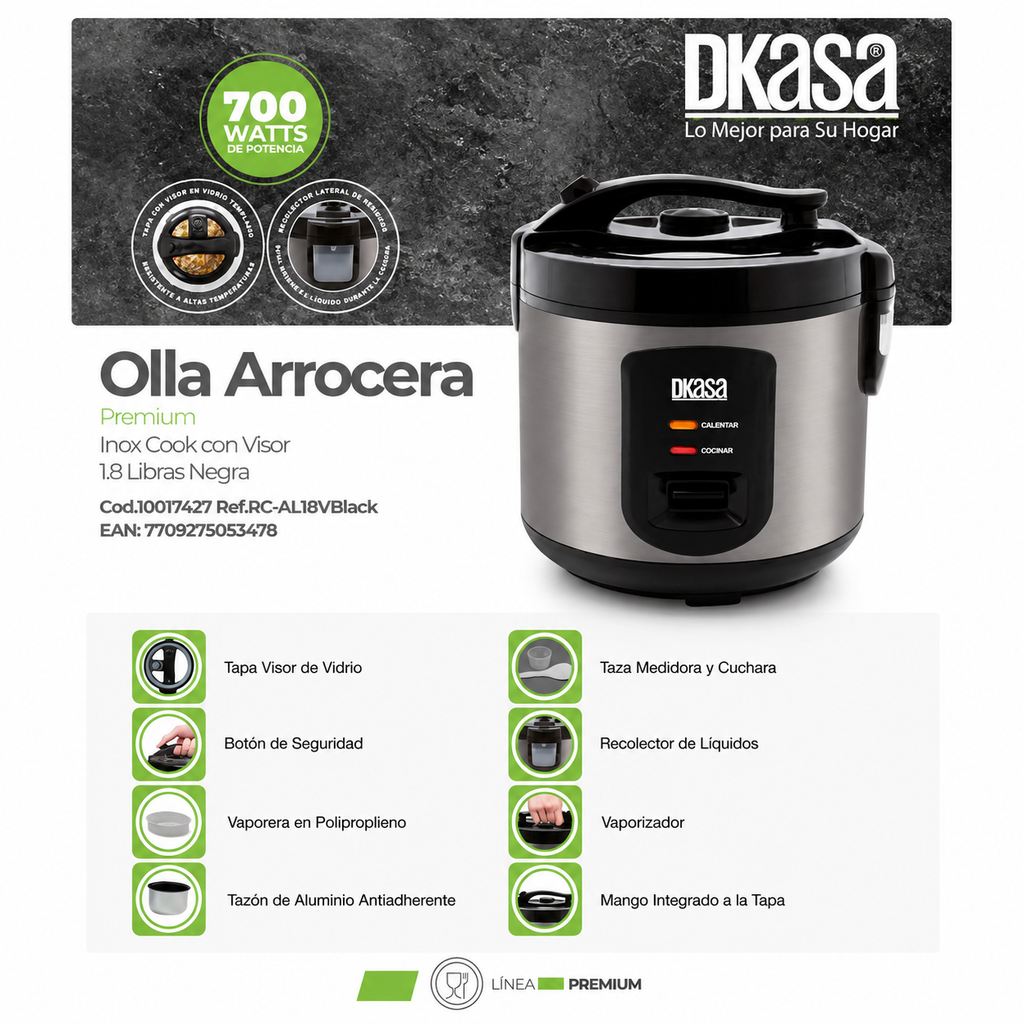 Olla Arrocera Premium Inox Cook Con Visor 1.8 Libras black DKASA