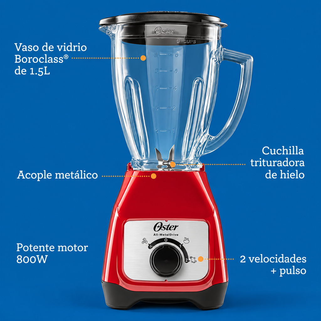 Licuadora perilla dos velocidades pulso 800W Roja OSTER