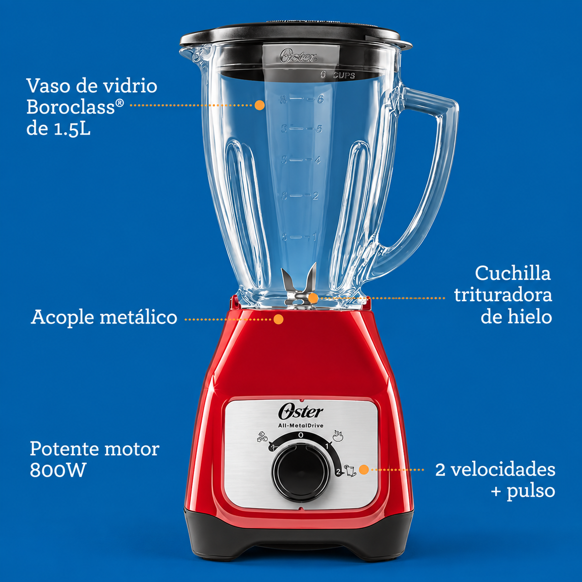Licuadora perilla dos velocidades pulso 800W Roja OSTER