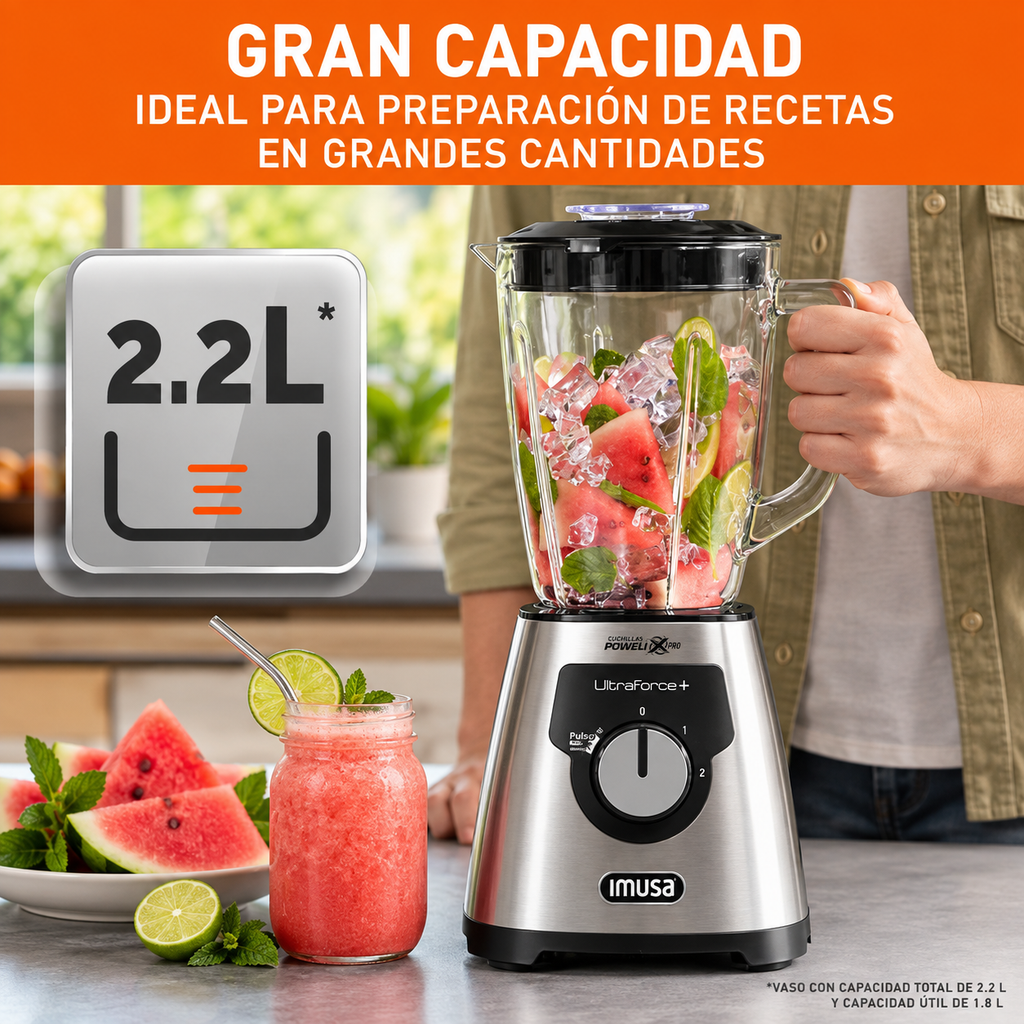 Licuadora ultraforce 1000W vaso vidrio 2.2litros dos velocidades IMUSA