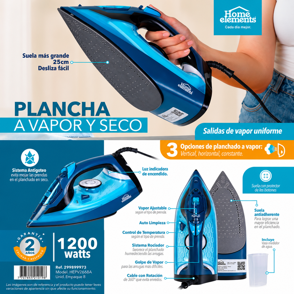 Plancha a vapor y seco 2 en 1 1200W HOME ELEMENTS