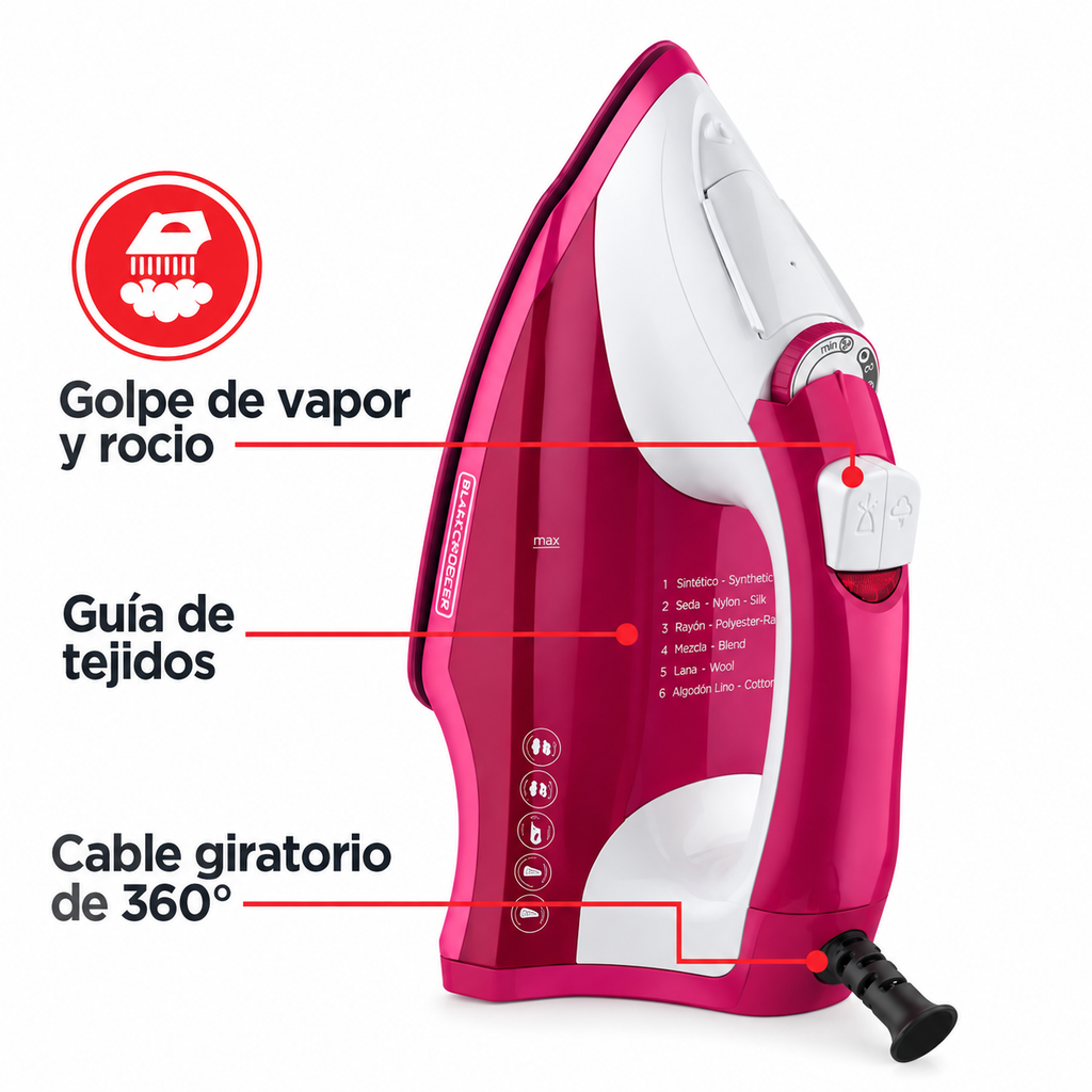Plancha Ceramicglide Light N Easy rosado 1200W BLACK+DECKER