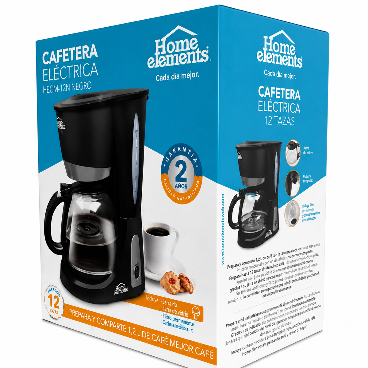 Cafetera en vidrio 12 tazas Home Elements