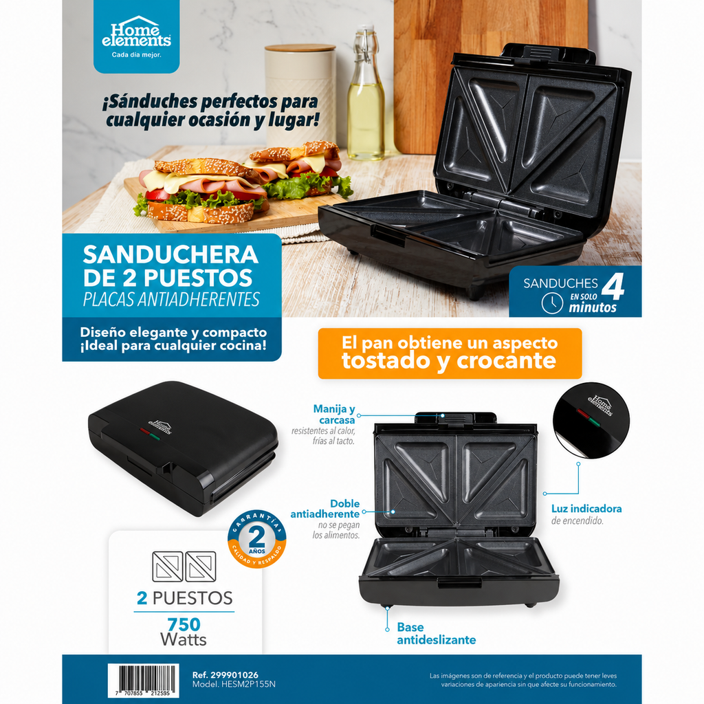 Sanduchera dos puestos compacta HOME ELEMENTS