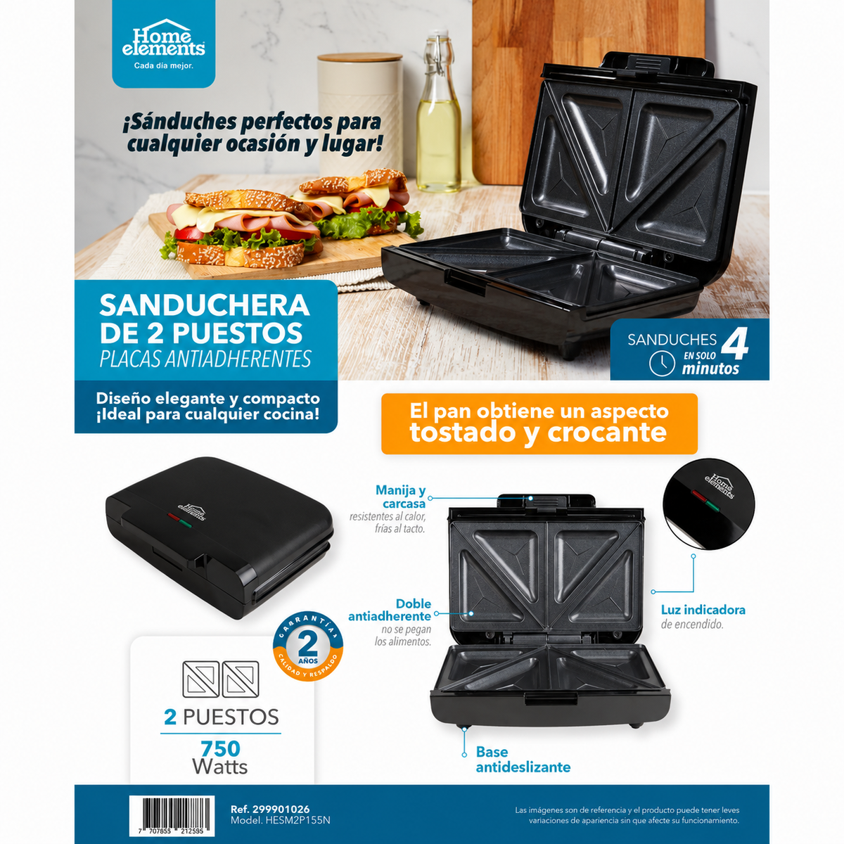Sanduchera dos puestos compacta HOME ELEMENTS