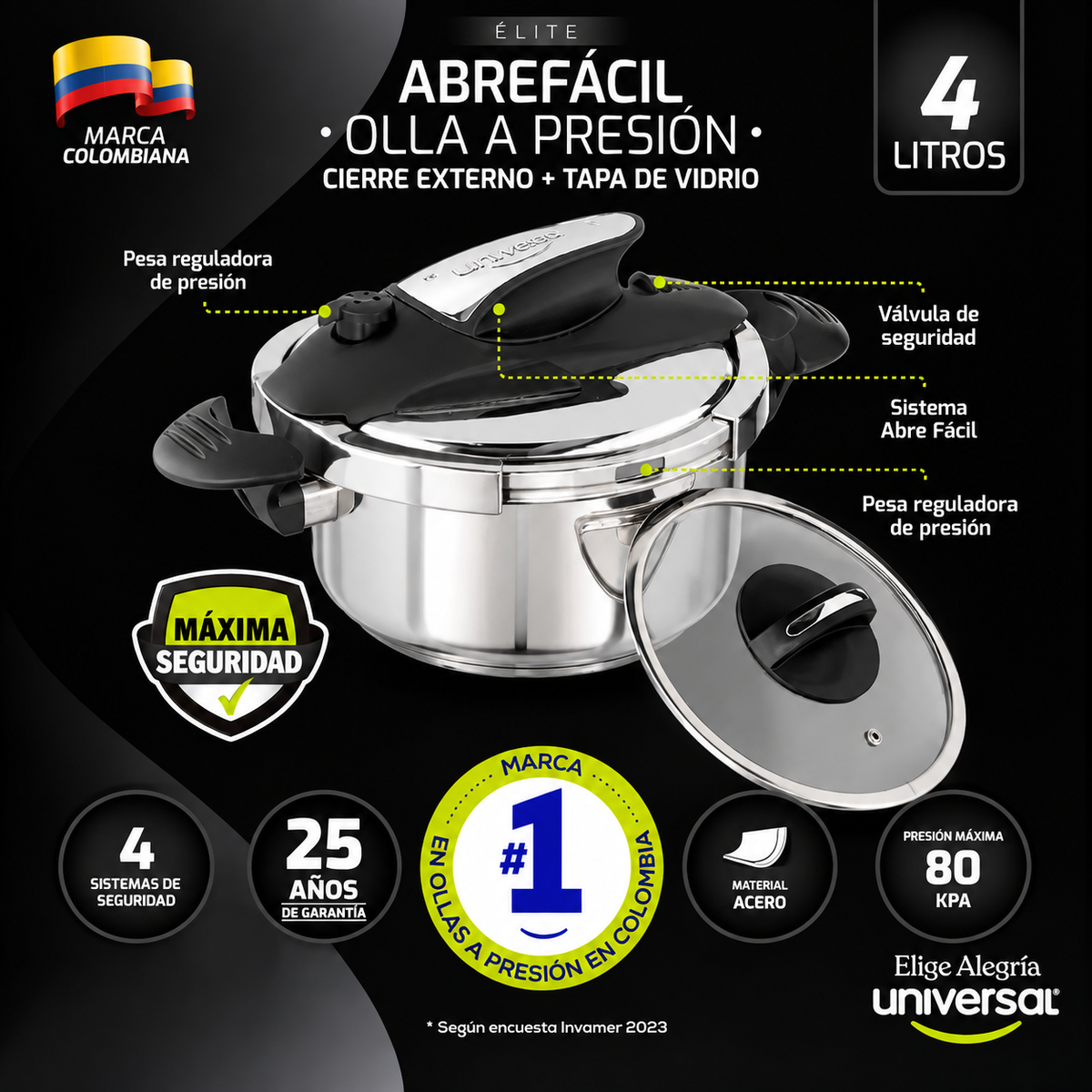 Olla presión acero inox 4 litros y 4 sistemas de seguridad UNIVERSAL
