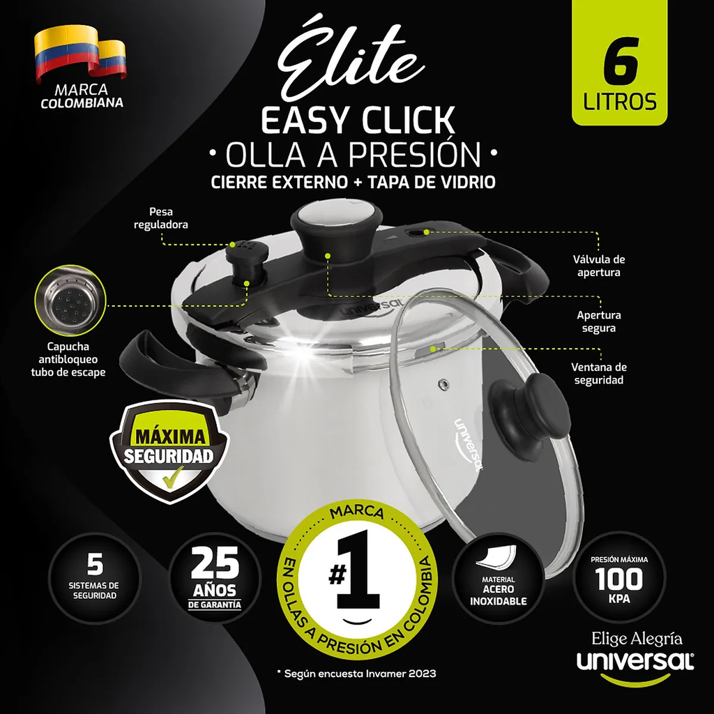 Olla presión Esencial 6 litros cierre interno UNIVERSAL
