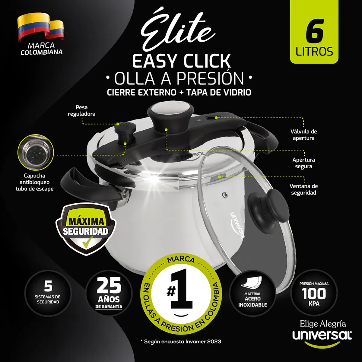 Olla presión Esencial 6 litros cierre interno UNIVERSAL